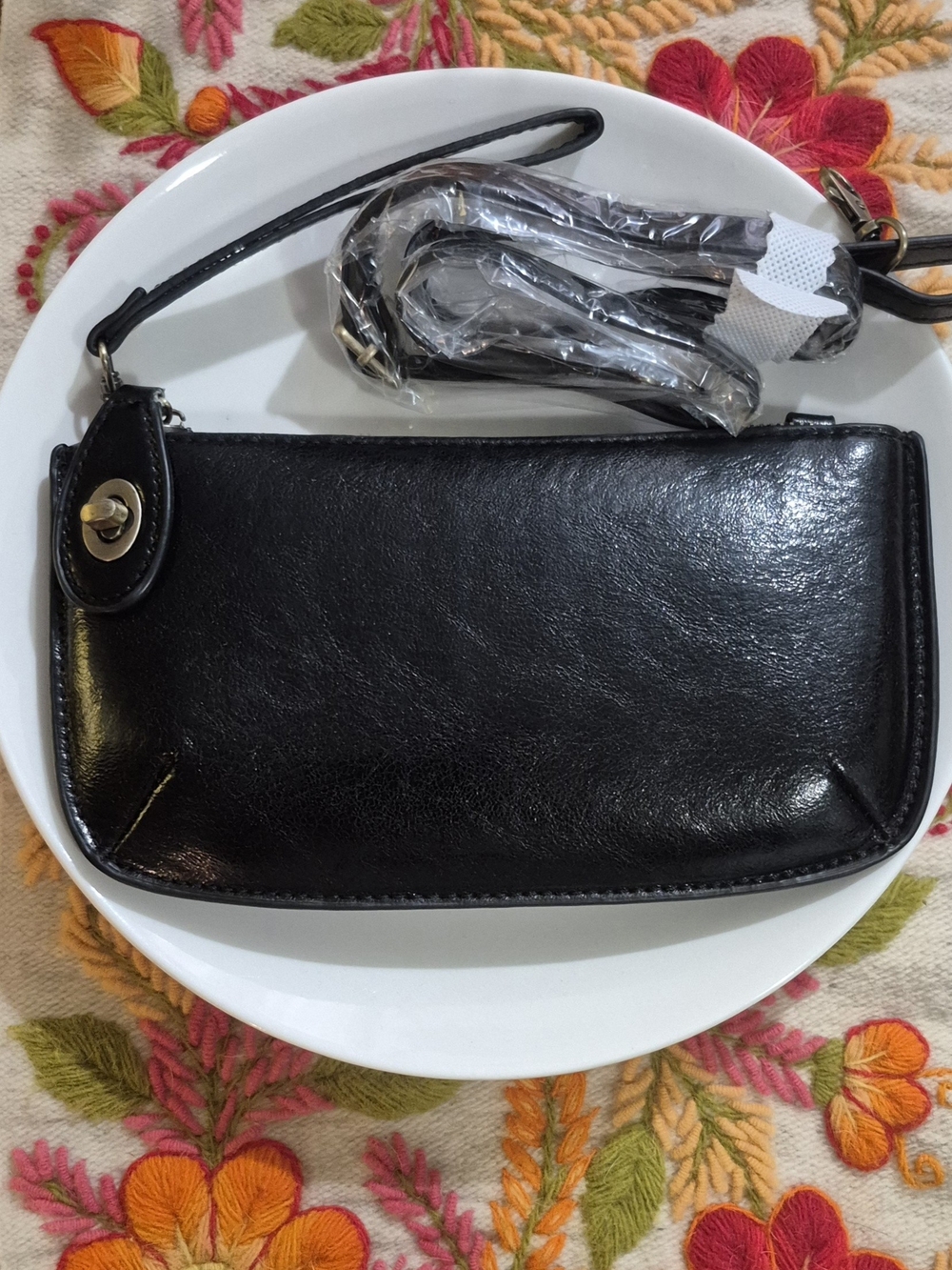 Black Leather Turn-Lock Wristlet Crossbody
